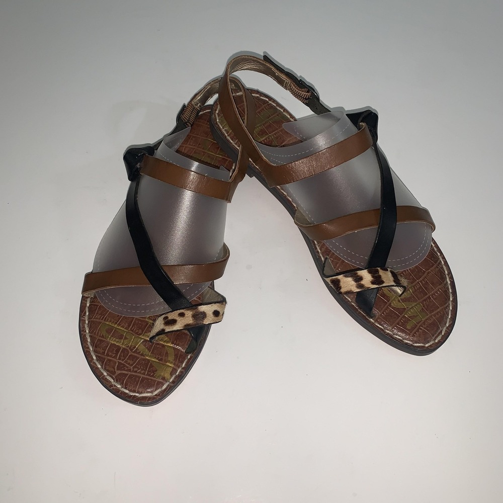 Sam Edelman Sandals Womens Size 8 Brown Leather Strappy Animal Print Fur Comfort